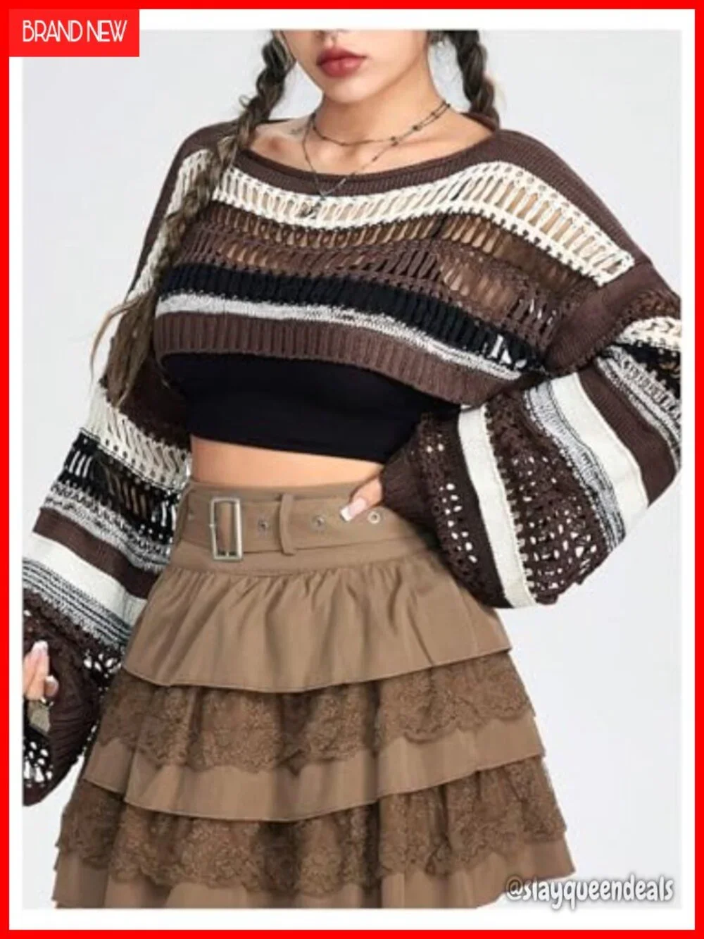Striped Crochet Shrug Boat Neck Crop Sweater Colorblock Drop Shoulder Bell